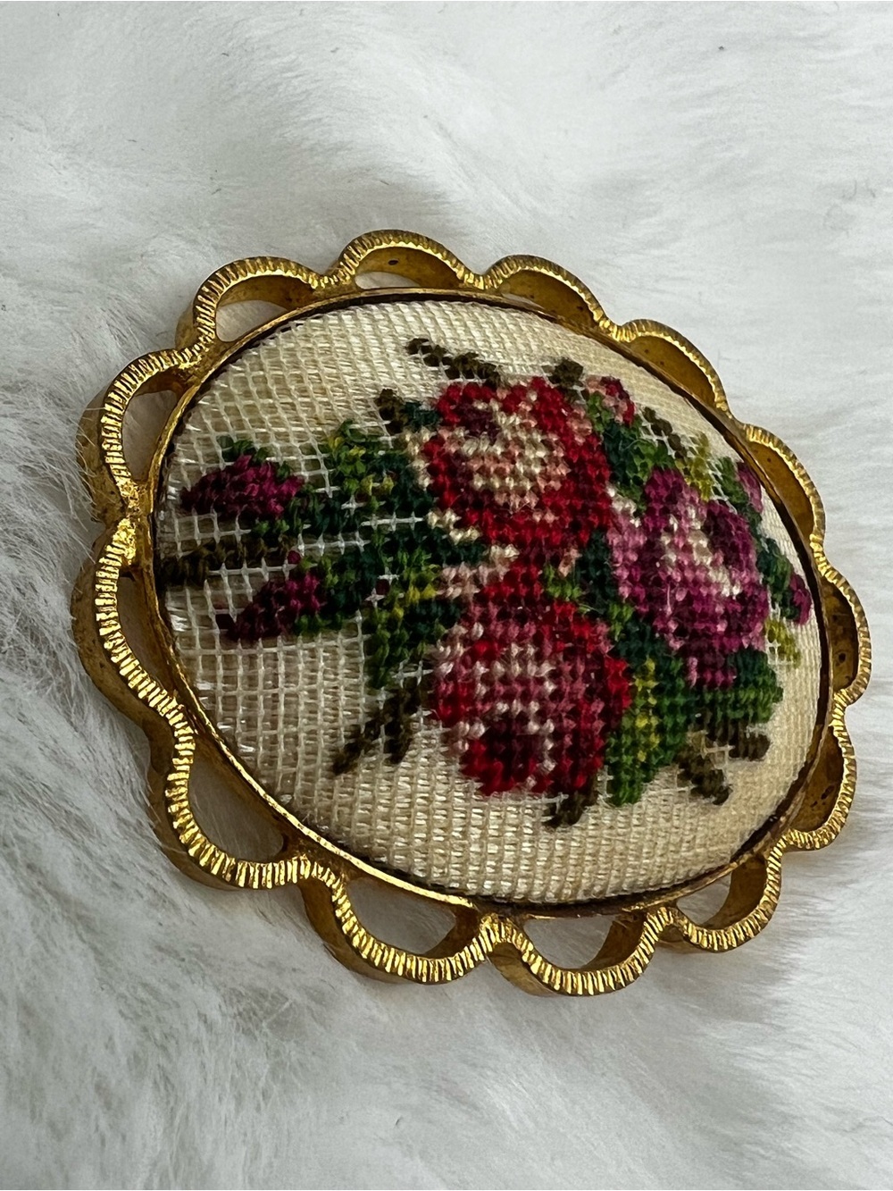 Vintage Petit Point Embroidered Brooch